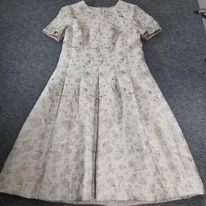 Rickie Freeman Teri Jon Dress 6 Ivory Silver Metallic Beaded Midi Cocktail